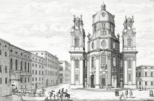 Notre Dame-kirken, Salzburg, Østerrike, fra 'Design av en historisk arkitektur', gravert av Johann Adam Delsenbach (1687-1765) 1721